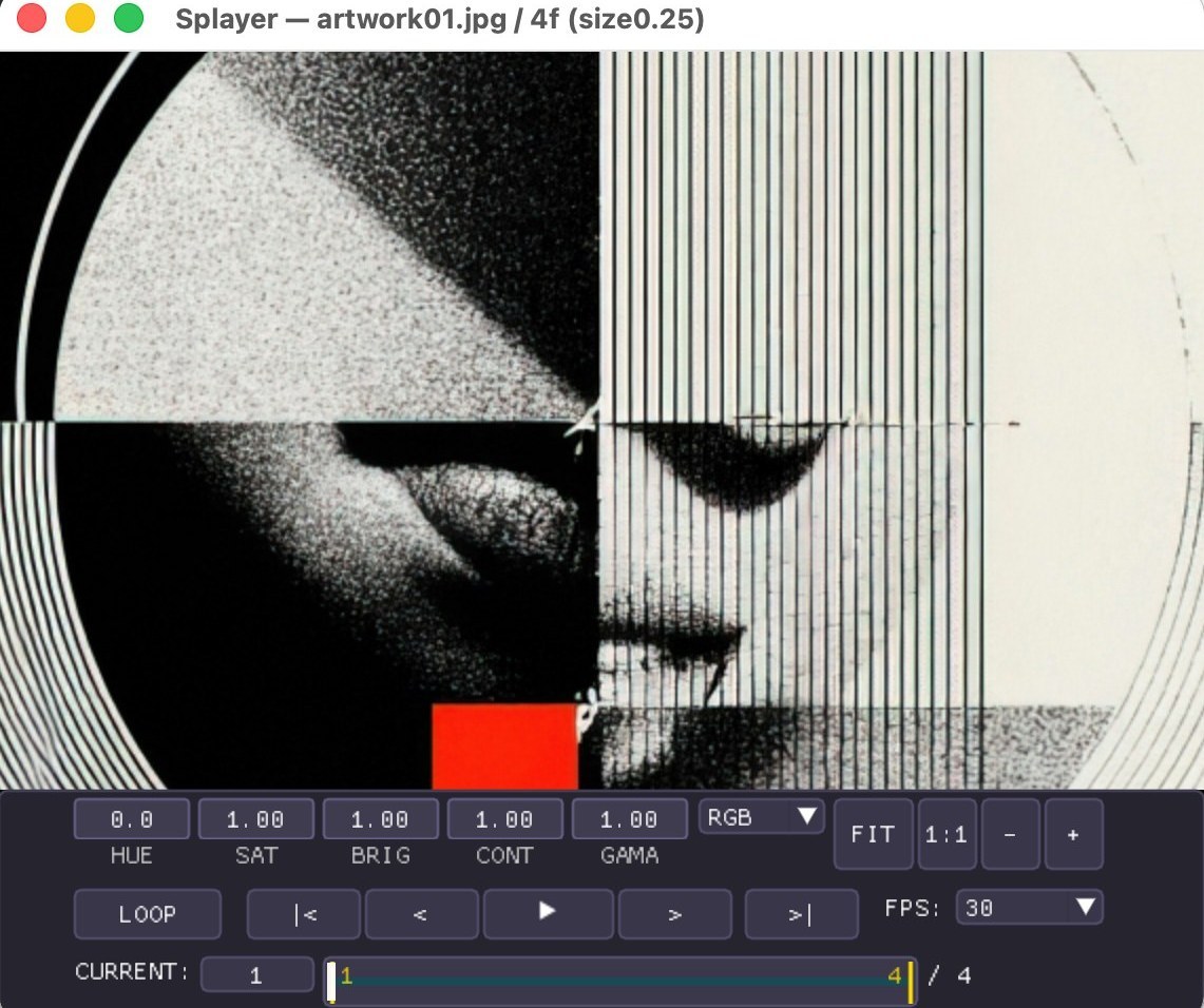 Splayerの再生画面。上に連番画像、下に色調整と再生の操作パネル