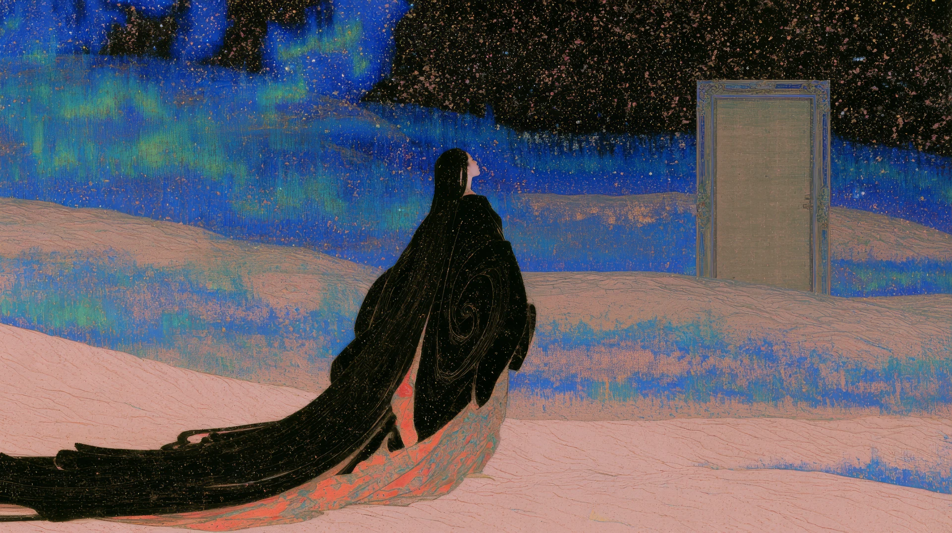 A black-robed woman and a closed door in a blue desert