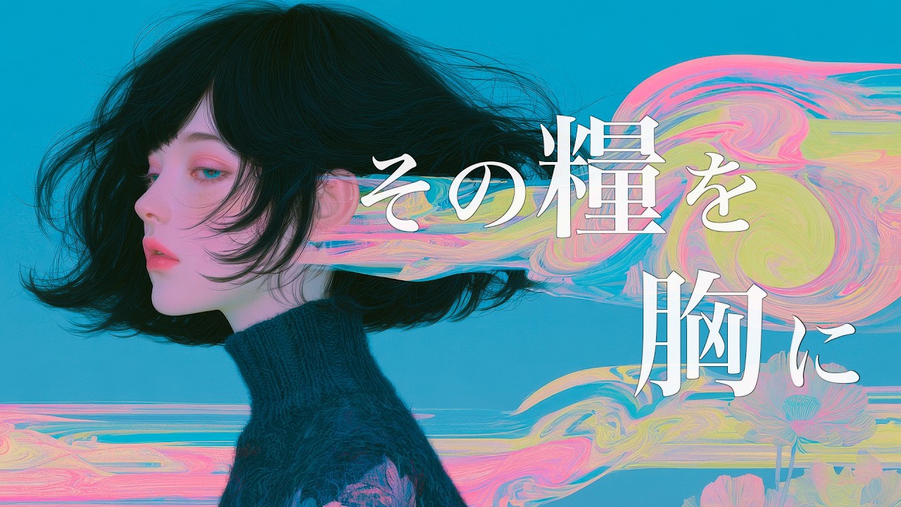 その糧を胸に — a portrait against flowing pink and yellow on turquoise