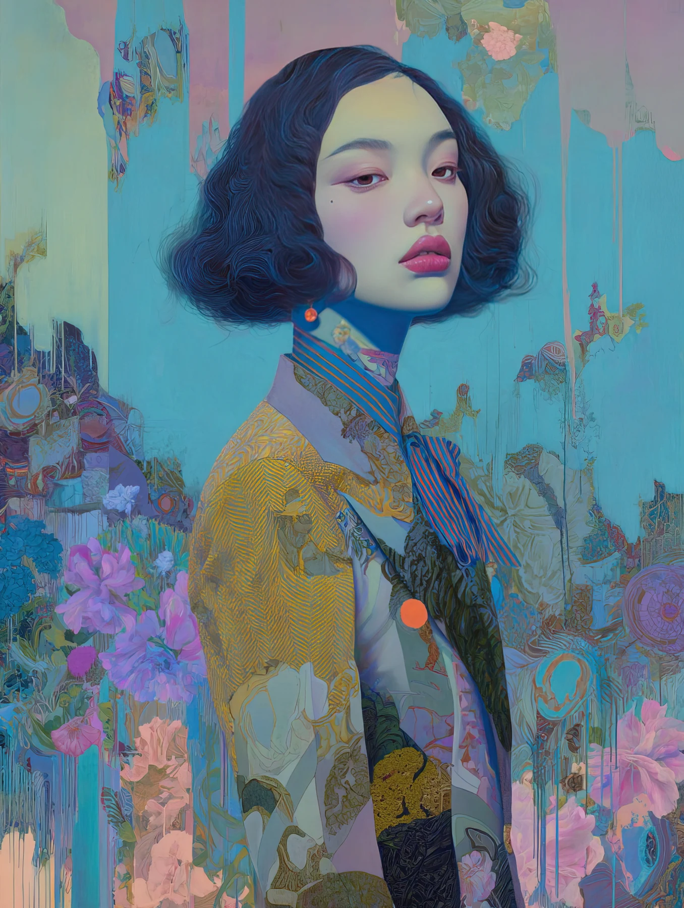 A woman amid botanical textures, cyan and yellow