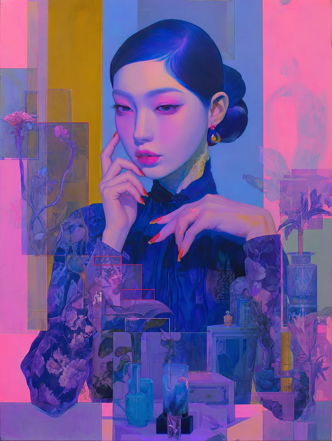 An imagined portrait in vivid blue, pink and yellow