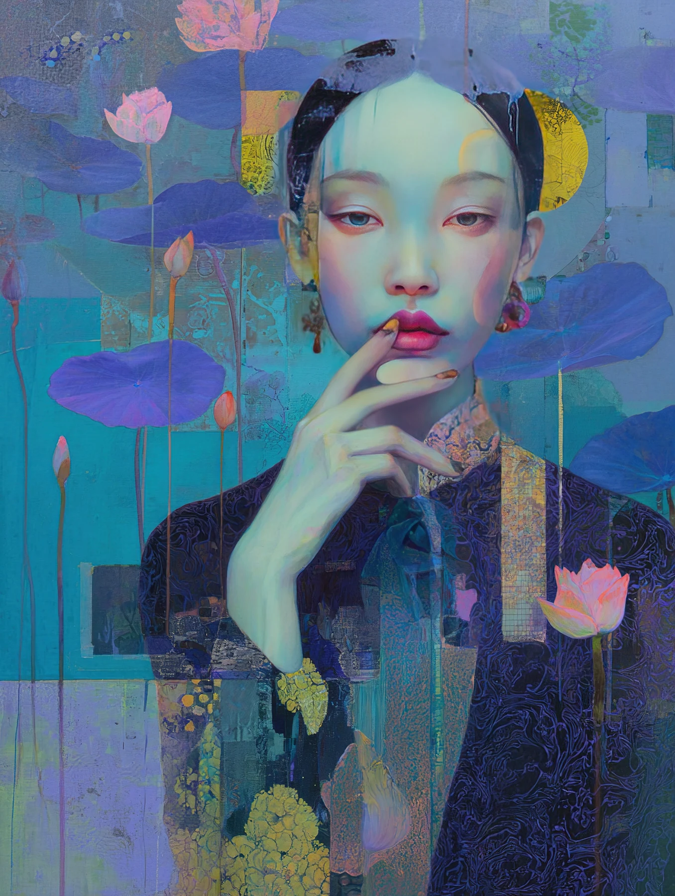A woman surrounded by blue lotus leaves and layered botanical textures