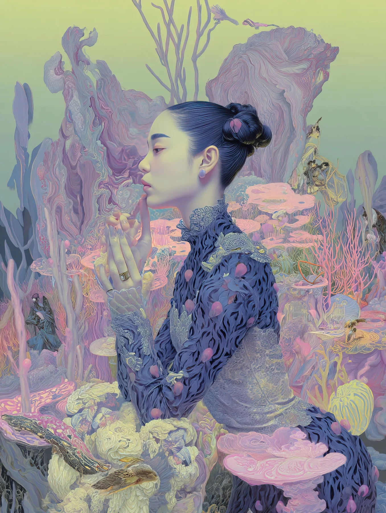 A woman in profile within a surreal lavender landscape